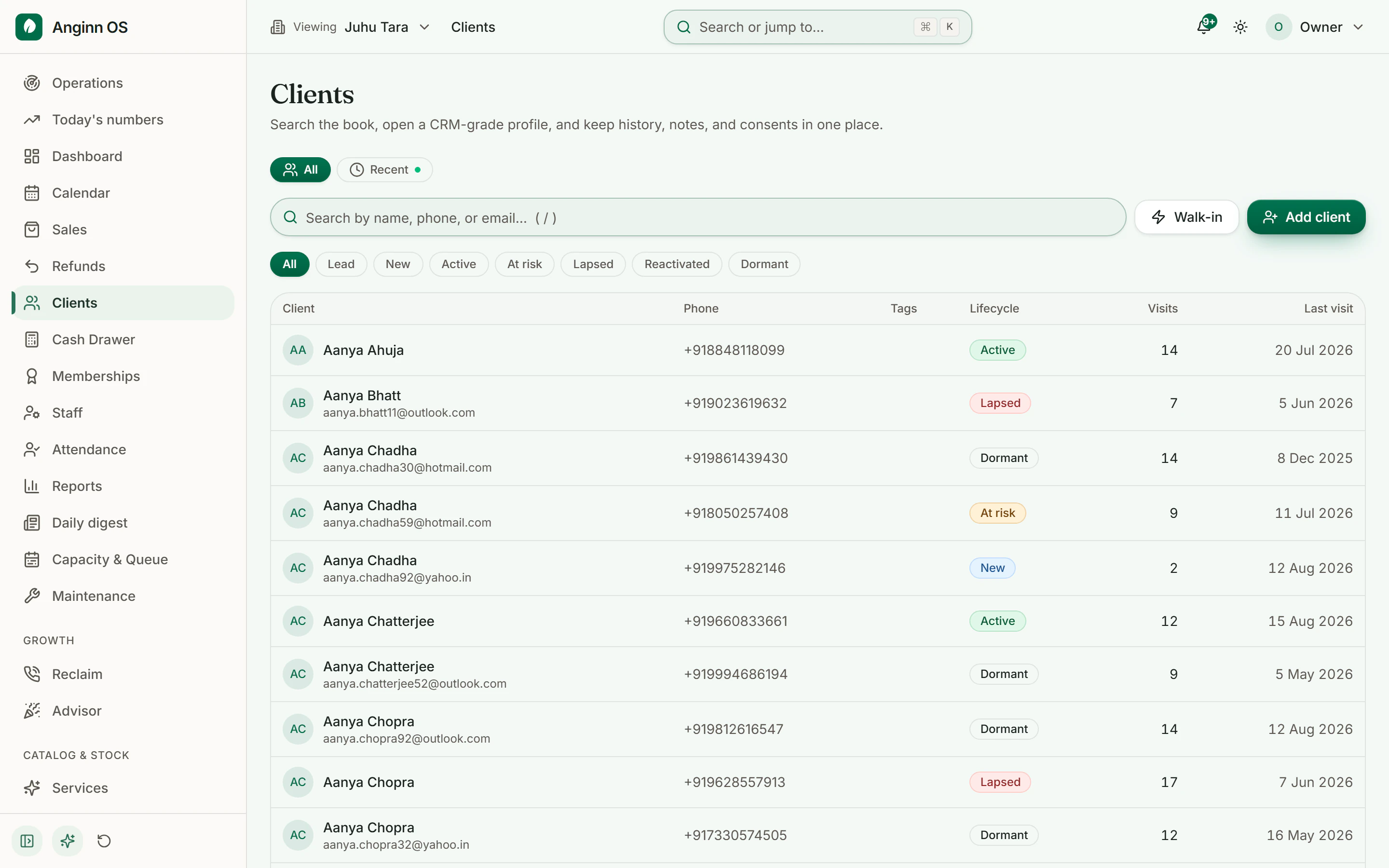 The client list in Anginn OS. A row of counts across the top sorts every client into new, active, at risk and lapsed, and the table beneath gives each client's name, phone number, how many visits they have made, what they have spent, their membership if they hold one, and how long it has been since they were last in the salon.