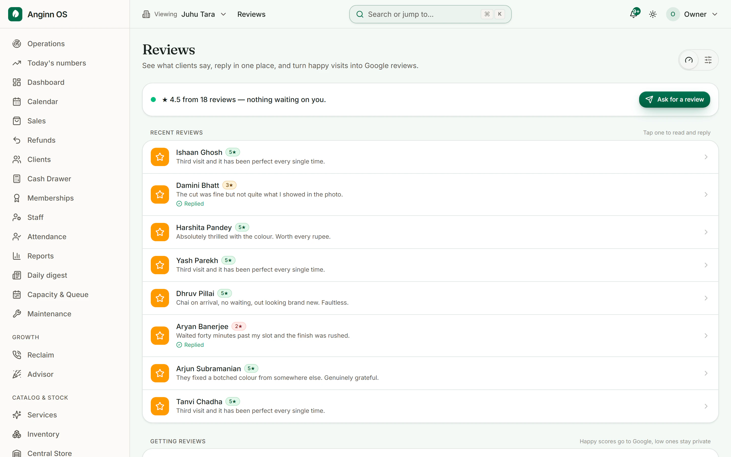 The reviews screen in Anginn OS. Each review a client has left appears as a card with their rating, the date, the stylist they saw and what they wrote, and a reply box directly underneath it so the salon can answer without leaving the page.