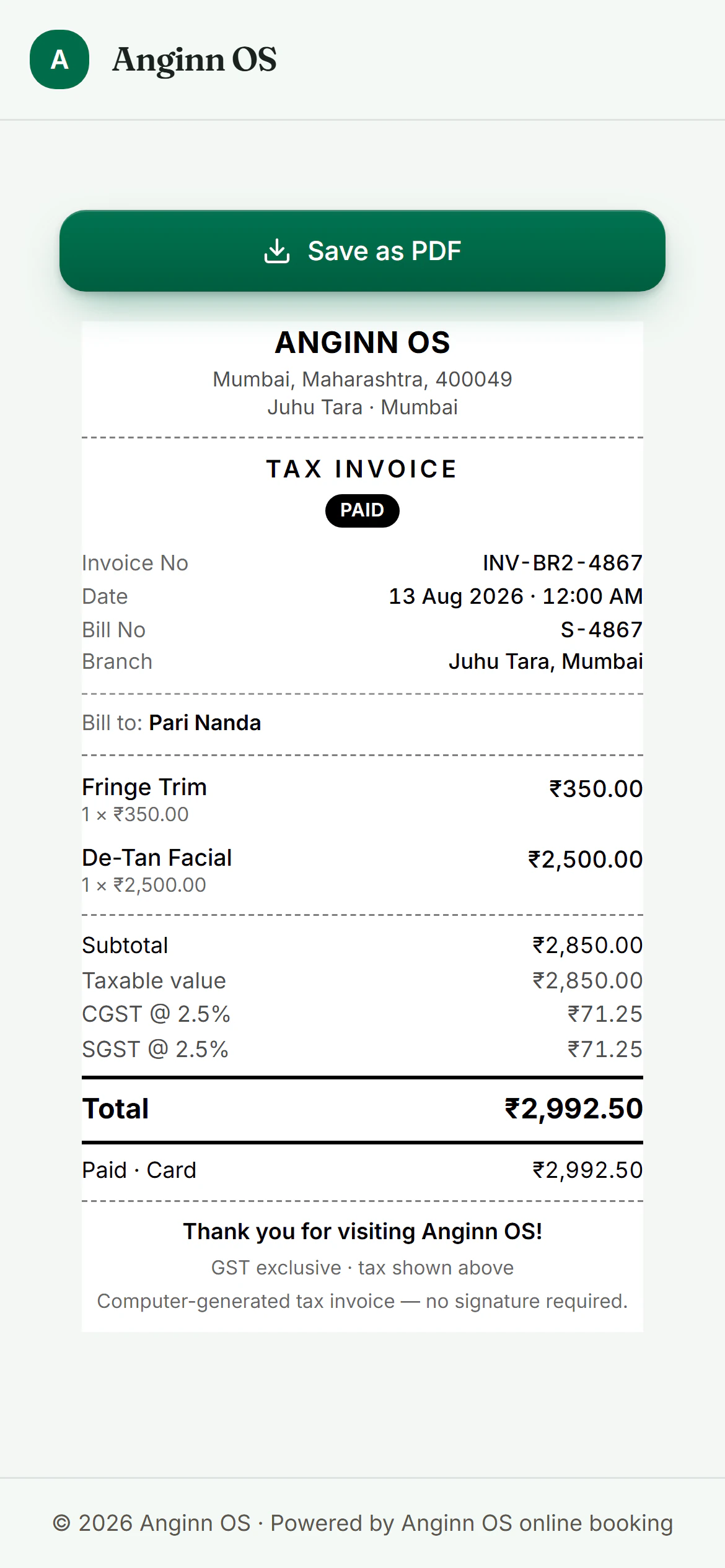 The customer's own copy of a salon bill, open in a phone browser. A Save as PDF button sits above a printed tax invoice giving the salon's name and address, the invoice number, the bill number, the date, the branch and the customer's name, then each service with its price, the subtotal, CGST and SGST, the total, and a line recording that it was paid by card.